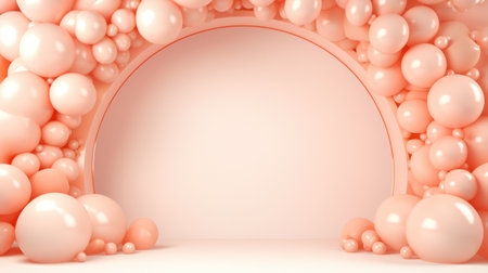 Generative AI, arch of peach fuzz color balloons. Birthday party, wedding or shower 3d background. Template for greetings or invitations...の素材