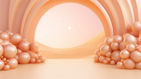 Generative AI, arch of peach fuzz color balloons. Birthday party, wedding or shower 3d background. Template for greetings or invitations...の素材