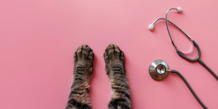 Generative AI, Cat paws and stethoscope isolated on pink background. Banner with copy space for vet clinic.の素材