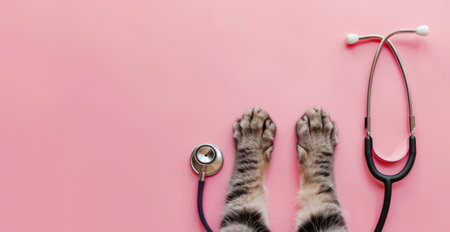 Generative AI, Cat paws and stethoscope isolated on pink background. Banner with copy space for vet clinic.の素材