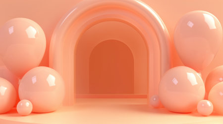 Generative AI, arch of peach fuzz color balloons. Birthday party, wedding or shower 3d background. Template for greetings or invitations...の素材