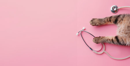 Generative AI, Cat paws and stethoscope isolated on pink background. Banner with copy space for vet clinic.の素材