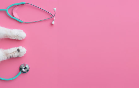 Generative AI, Cat paws and stethoscope isolated on pink background. Banner with copy space for vet clinic.の素材