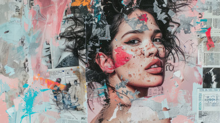 Generative AI, nostalgic fashion grunge collage background with woman's face, in the style of 80s. Different textures and shapes..の素材
