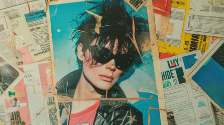 Generative AI, nostalgic fashion grunge collage background with woman's face, in the style of 80s. Different textures and shapes..の素材