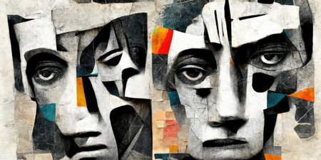 Generative AI, Faces collage abstract background, wallpaper illustration, black and white, dramatic moodの素材