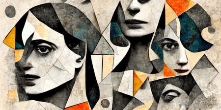 Generative AI, Faces collage abstract background, wallpaper illustration, black and white, dramatic moodの素材