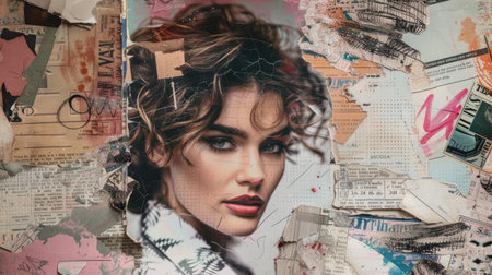 Generative AI, nostalgic fashion grunge collage background with woman's face, in the style of 80s. Different textures and shapes..の素材