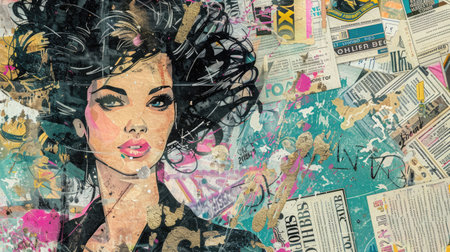 Generative AI, nostalgic fashion grunge collage background with woman's face, in the style of 80s. Different textures and shapes..の素材