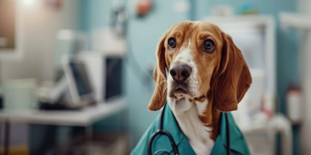 Generative AI, funny dog portrait in doctor uniform on neutral background, copy spaceの素材