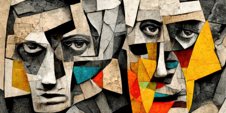 Generative AI, Faces collage abstract background, wallpaper illustration, black and white, dramatic moodの素材