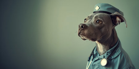 Generative AI, funny dog portrait in doctor uniform on neutral background, copy spaceの素材