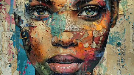 Generative AI, grunge collage poster with beautiful woman portrait photo. Different paper magazine pieces, wabi sabi style.の素材