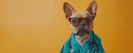 Generative AI, funny dog portrait in doctor uniform on neutral background, copy spaceの素材