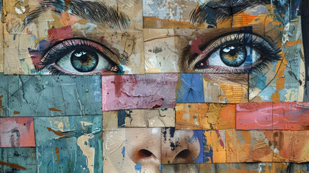 Generative AI, grunge collage poster with beautiful woman portrait photo. Different paper magazine pieces, wabi sabi style.の素材