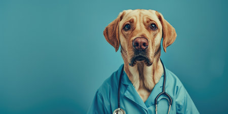 Generative AI, funny dog portrait in doctor uniform on neutral background, copy spaceの素材