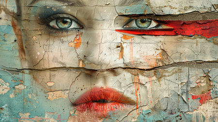 Generative AI, grunge collage poster with beautiful woman portrait photo. Different paper magazine pieces, wabi sabi style.の素材