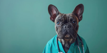 Generative AI, funny dog portrait in doctor uniform on neutral background, copy spaceの素材