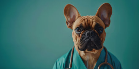 Generative AI, funny dog portrait in doctor uniform on neutral background, copy spaceの素材