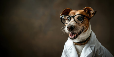 Generative AI, funny dog portrait in doctor uniform on neutral background, copy spaceの素材