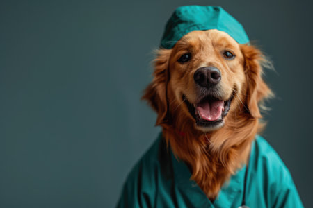 Generative AI, funny dog portrait in doctor uniform on neutral background, copy spaceの素材