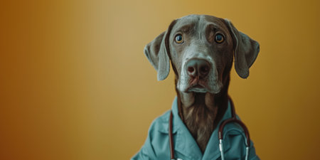 Generative AI, funny dog portrait in doctor uniform on neutral background, copy spaceの素材