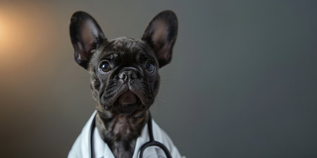 Generative AI, funny dog portrait in doctor uniform on neutral background, copy spaceの素材