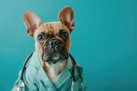 Generative AI, funny dog portrait in doctor uniform on neutral background, copy spaceの素材