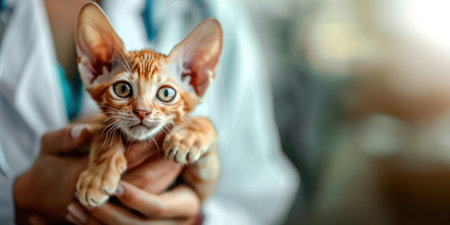 Generative AI, veterinarian is holding in hands cute small kitten, vet clinic banner with copy spaceの素材