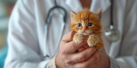 Generative AI, veterinarian is holding in hands cute small kitten, vet clinic banner with copy spaceの素材