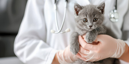 Generative AI, veterinarian is holding in hands cute small kitten, vet clinic banner with copy spaceの素材