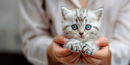Generative AI, veterinarian is holding in hands cute small kitten, vet clinic banner with copy spaceの素材