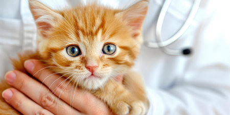 Generative AI, veterinarian is holding in hands cute small kitten, vet clinic banner with copy spaceの素材