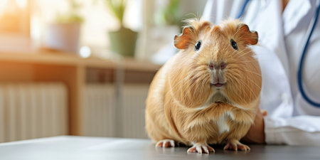 Generative AI, cute small guinea pig on the table being examined by professional veterinarian in vet clinicの素材