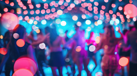 Generative AI, blurred background, happy student people dancing in disco club. Nightlife concept.の素材
