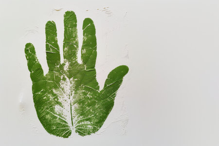 Generative AI, green ecology watercolor painted handprint with leaf veins, copy space, white backgroundの素材