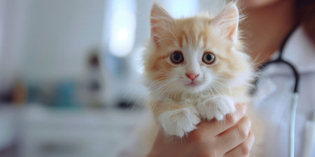 Generative AI, veterinarian is holding in hands cute small kitten, vet clinic banner with copy spaceの素材