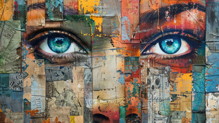 Generative AI, grunge collage poster with beautiful woman portrait photo. Different paper magazine pieces, wabi sabi style.の素材