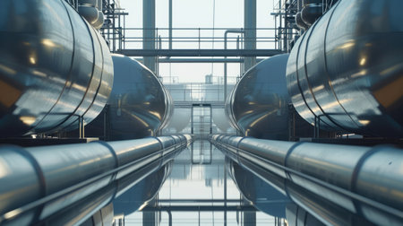 Generative AI, Hydrogen power plant, large steel tanks and pipes. Green renewable energy production, H2 energy conceptの素材