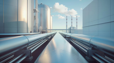 Generative AI, Hydrogen power plant, large steel tanks and pipes. Green renewable energy production, H2 energy conceptの素材