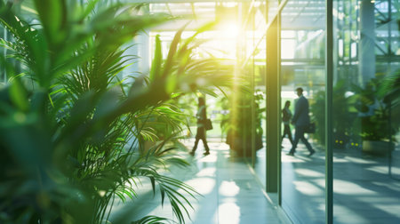 Generative AI, people walking on green office space, motion blur effect, environment conceptの素材