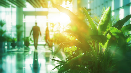 Generative AI, people walking on green office space, motion blur effect, environment conceptの素材