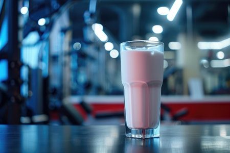 Generative AI, Protein cocktail in the glass on the blurred gym background, sport nutritionの素材