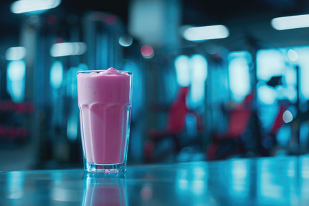 Generative AI, Protein cocktail in the glass on the blurred gym background, sport nutritionの素材