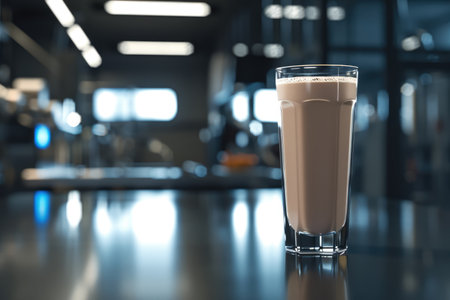 Generative AI, Protein cocktail in the glass on the blurred gym background, sport nutritionの素材