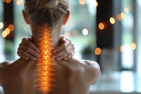 Generative AI, highlighted spine of a woman with neck pain in the office, woman holding neck, copy spaceの素材