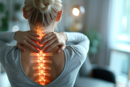 Generative AI, highlighted spine of a woman with neck pain in the office, woman holding neck, copy spaceの素材
