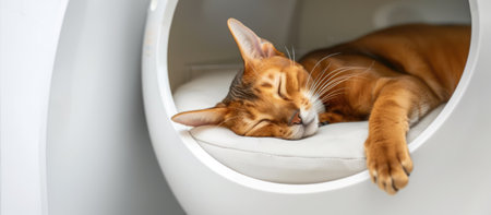 Generative AI, cute happy cat on cozy bed in specialized pet hotelの素材