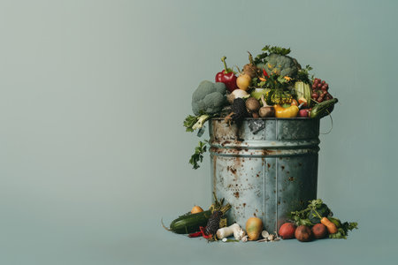 Generative AI, food waste compost in old metal basket, environmental background, kitchen wasteの素材