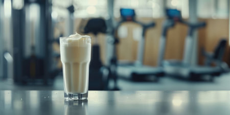 Generative AI, Protein cocktail in the glass on the blurred gym background, sport nutritionの素材